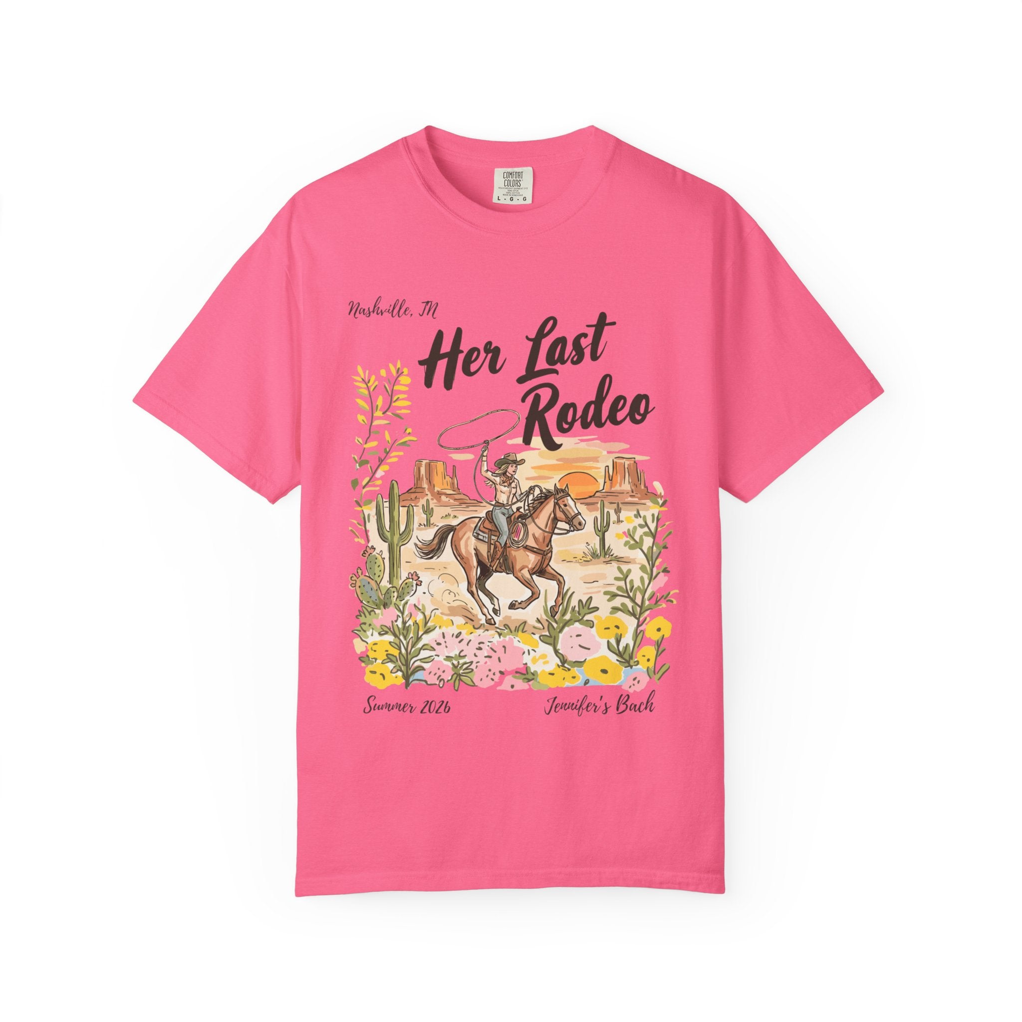 Pink t-shirt with "Her Last Rodeo" graphic featuring a cowboy on horseback.