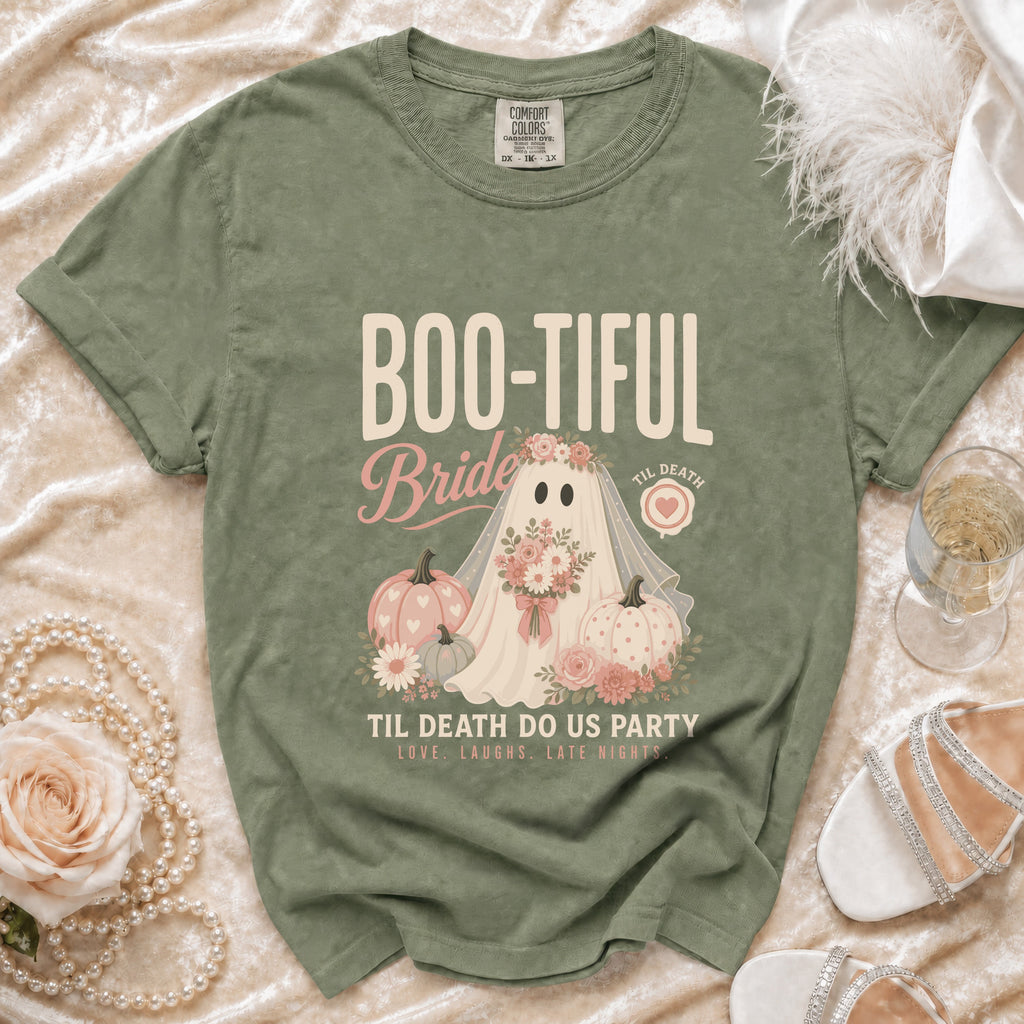 Green t-shirt with "Boo-Tiful Bride" graphic featuring a ghost, pumpkins, and flowers.