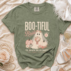 Green t-shirt with "Boo-Tiful Bride" graphic featuring a ghost, pumpkins, and flowers.