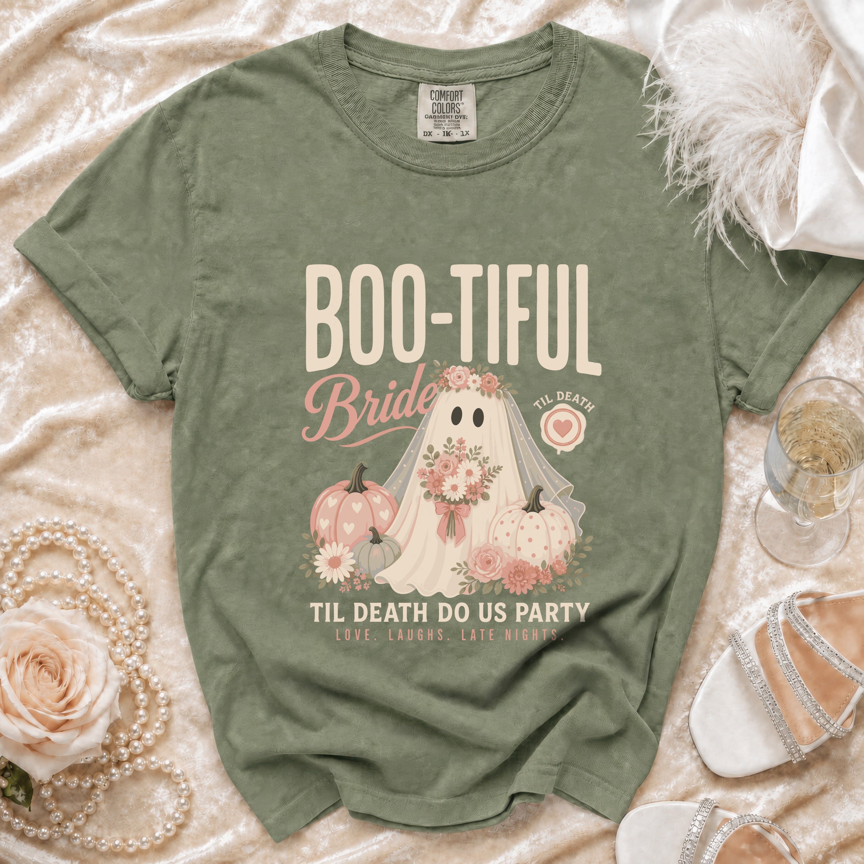Green t-shirt with "Boo-Tiful Bride" graphic featuring a ghost, pumpkins, and flowers.