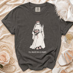 Dark gray t-shirt with ghost bride graphic and "Til Death Do Us Party" text.