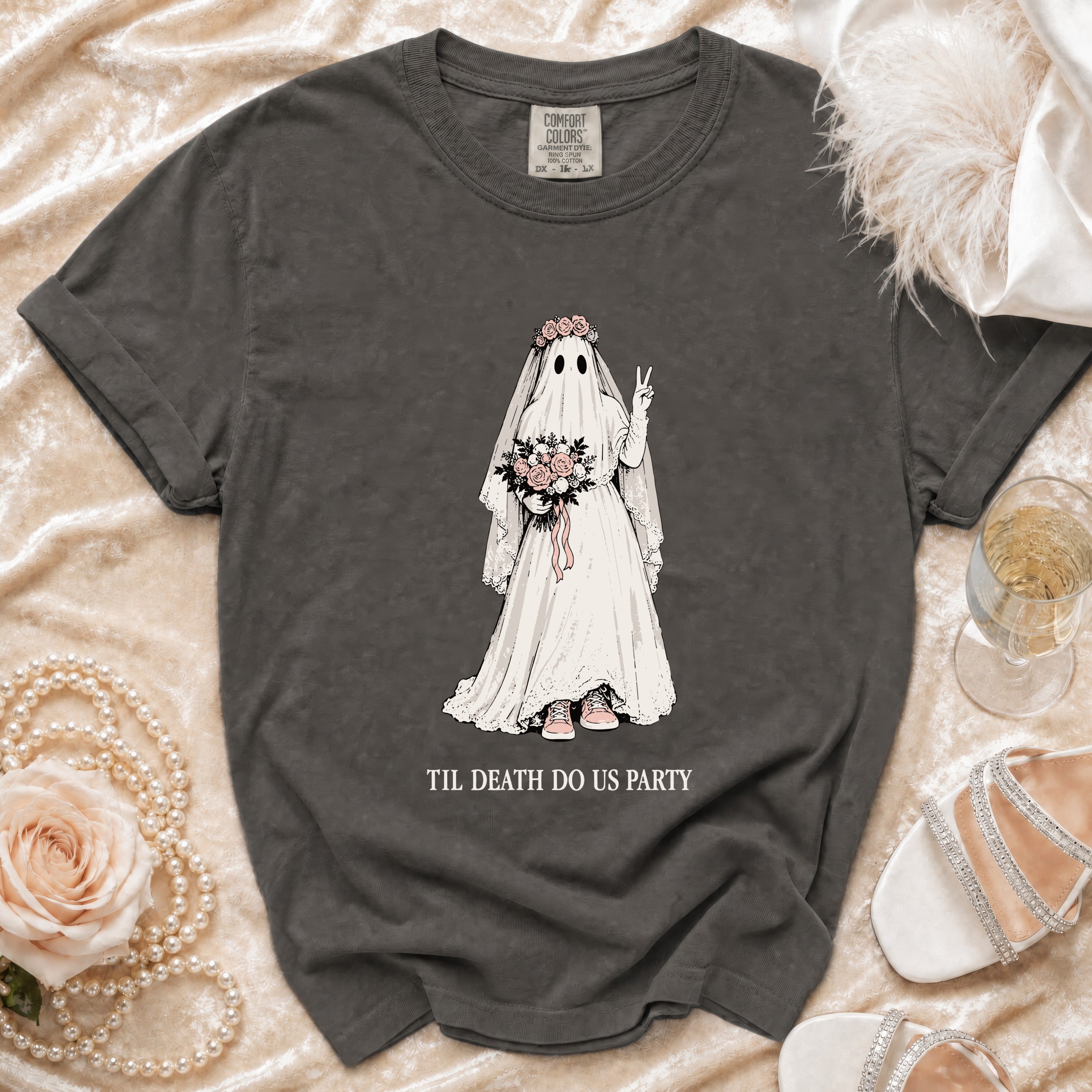 Dark gray t-shirt with ghost bride graphic and "Til Death Do Us Party" text.