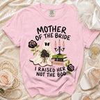 Pink t-shirt with ghost graphic, text "Mother of the Bride I Raised Her Not The Boo".