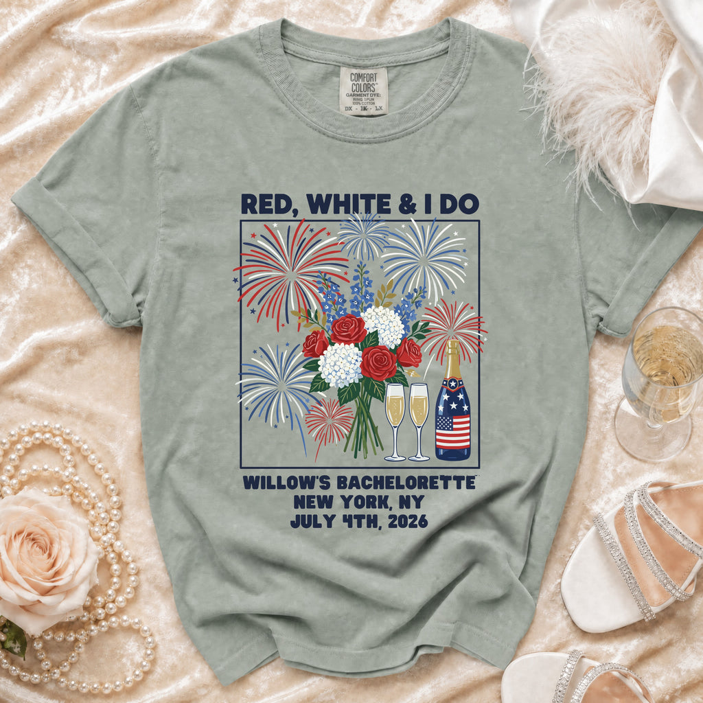 T-shirt with "Red, White & I Do" text and bachelorette details.