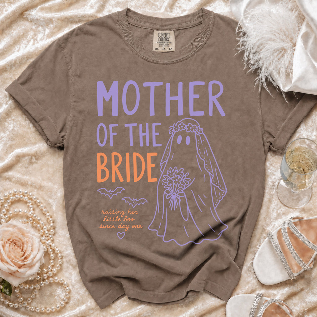 T-shirt with "MOTHER OF THE BRIDE" text and a ghost bride graphic.