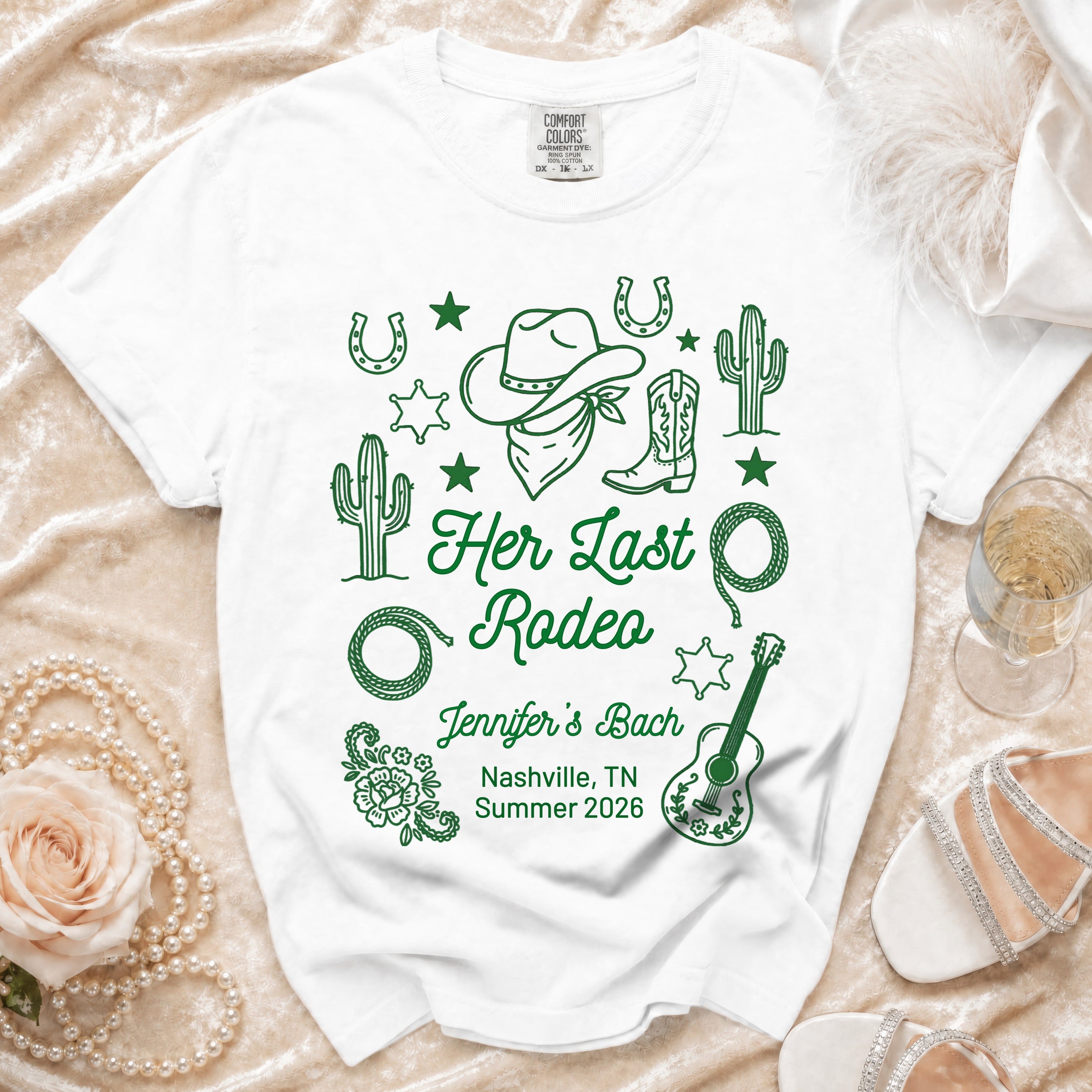 White t-shirt with "Her Last Rodeo" design and text "Jennifer's Bach Nashville, TN Summer 2026".