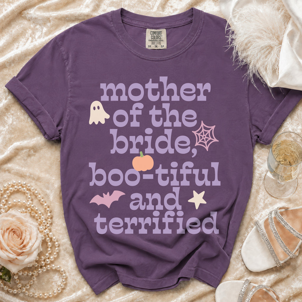 Purple t-shirt with "Mother of the Bride, Boo-tiful and Terrified" text and Halloween graphics.