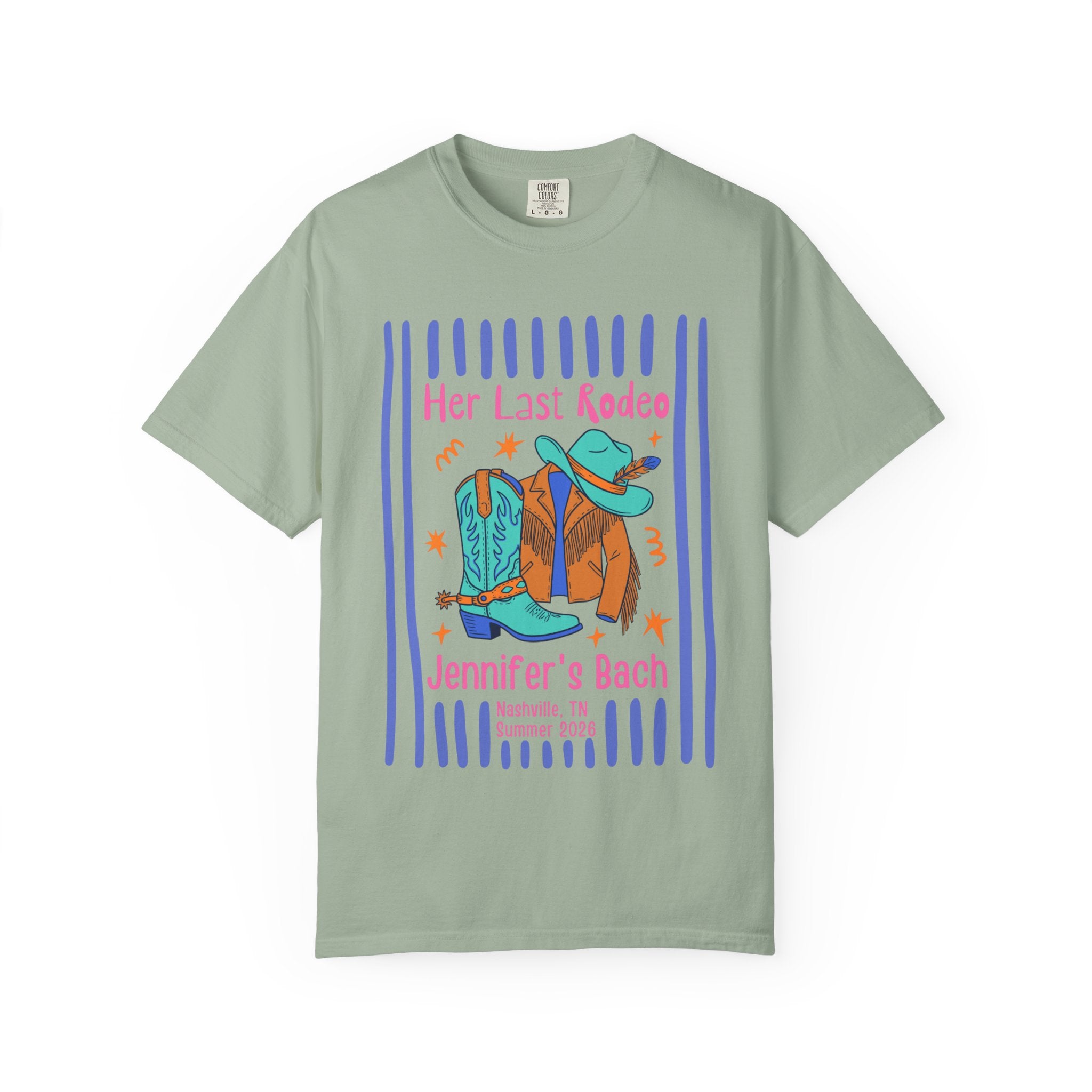 Graphic tee with cowboy hat, boots, jacket, and text: Her Last Rodeo, Jennifer's Bach.