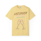Yellow t-shirt with "Last Splash Sarah's Bach Malibu - Summer 2026" and champagne glasses.