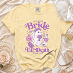 Yellow t-shirt with "Proud Member Bride Till Death Book Club" text and spooky bride graphics.
