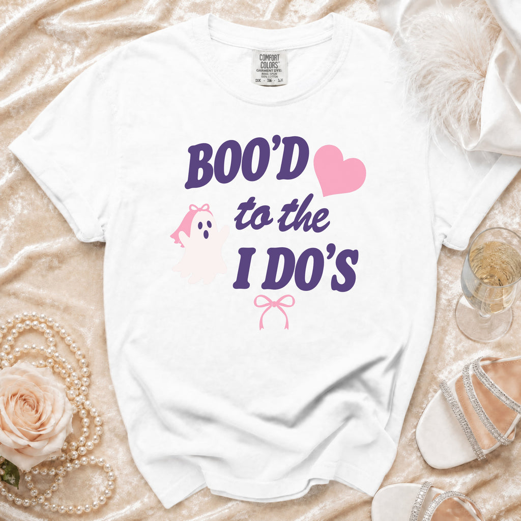 White t-shirt with "Boo'd to the I Do's" graphic, ghost, and heart.