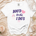 White t-shirt with "Boo'd to the I Do's" graphic, ghost, and heart.