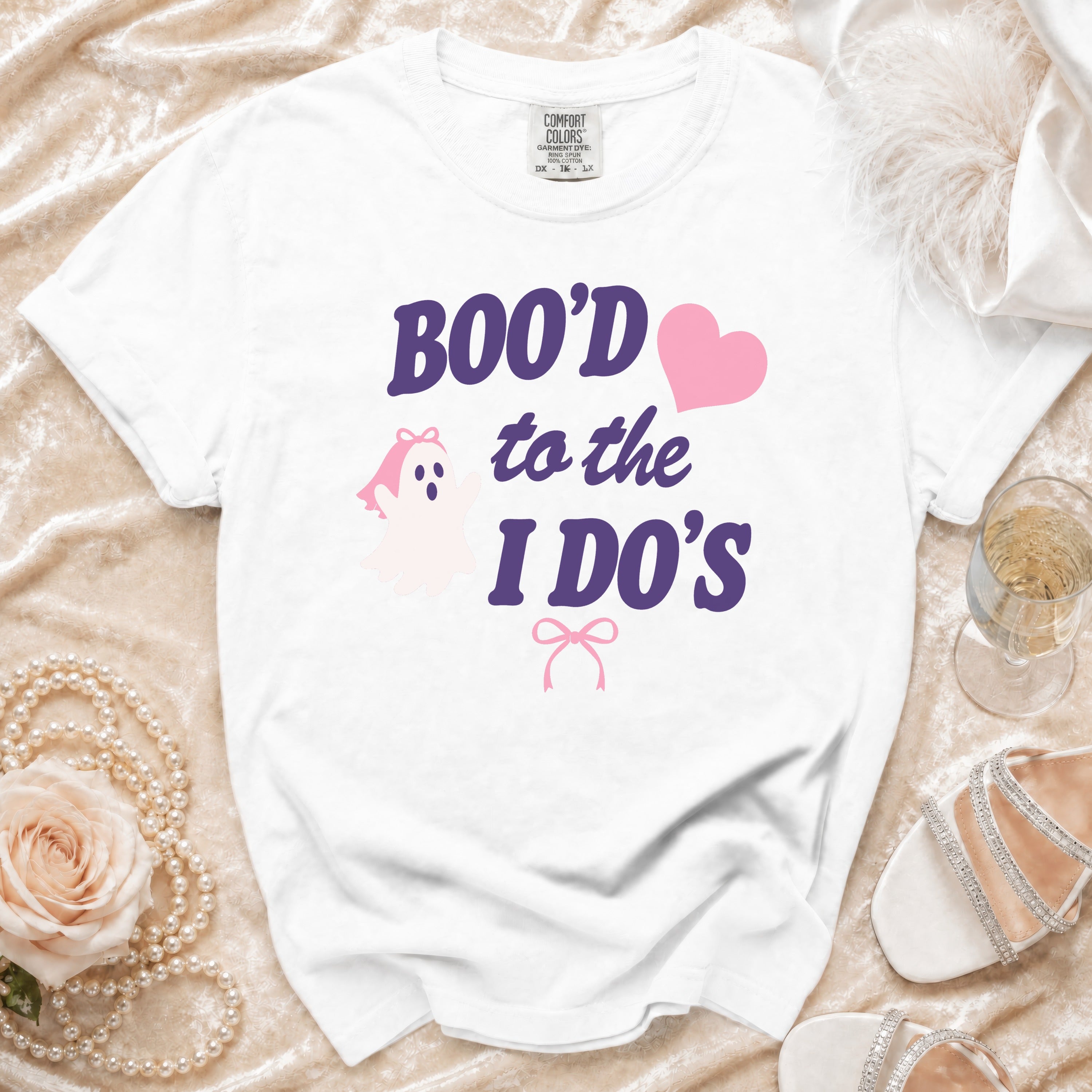 White t-shirt with "Boo'd to the I Do's" graphic, ghost, and heart.