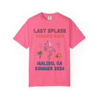 Pink t-shirt with "Last Splash Sarah's Bach Malibu, CA Summer 2026" text and graphics.