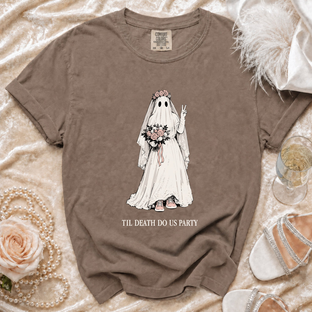 Brown t-shirt with ghost bride graphic and text "Til Death Do Us Party".