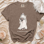 Brown t-shirt with ghost bride graphic and text "Til Death Do Us Party".