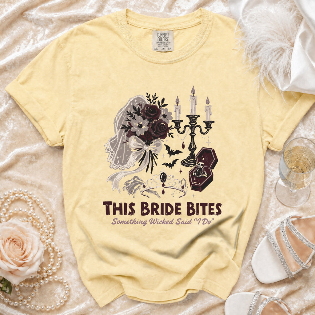 Yellow t-shirt with "This Bride Bites" and gothic bridal graphics.