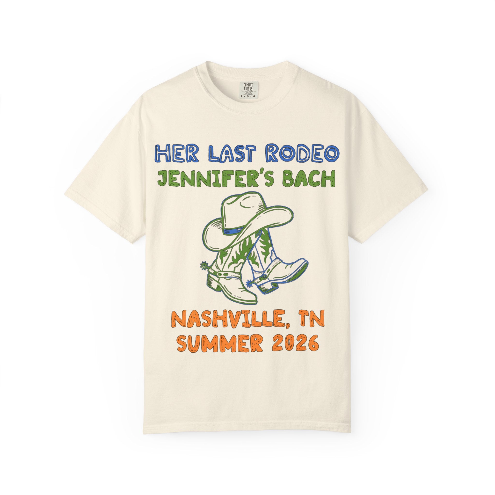 Cowboy boots and hat graphic for "Her Last Rodeo Jennifer's Bach Nashville Summer 2026".