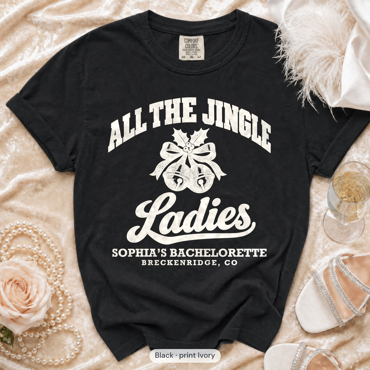 Black Jingle Bell Bride & All The Jingle Ladies bachelorette crew t-shirt