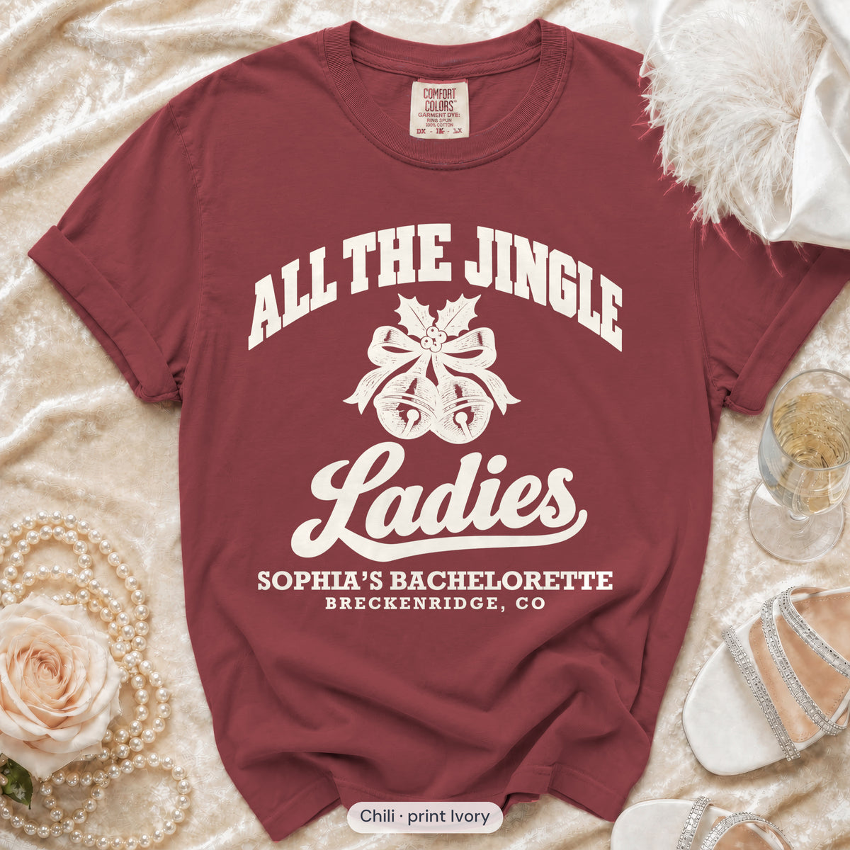 Chili Jingle Bell Bride & All The Jingle Ladies bachelorette crew t-shirt