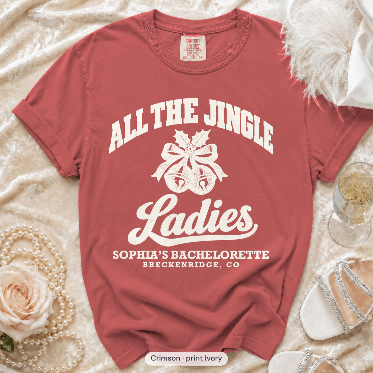 Crimson Jingle Bell Bride & All The Jingle Ladies bachelorette crew t-shirt