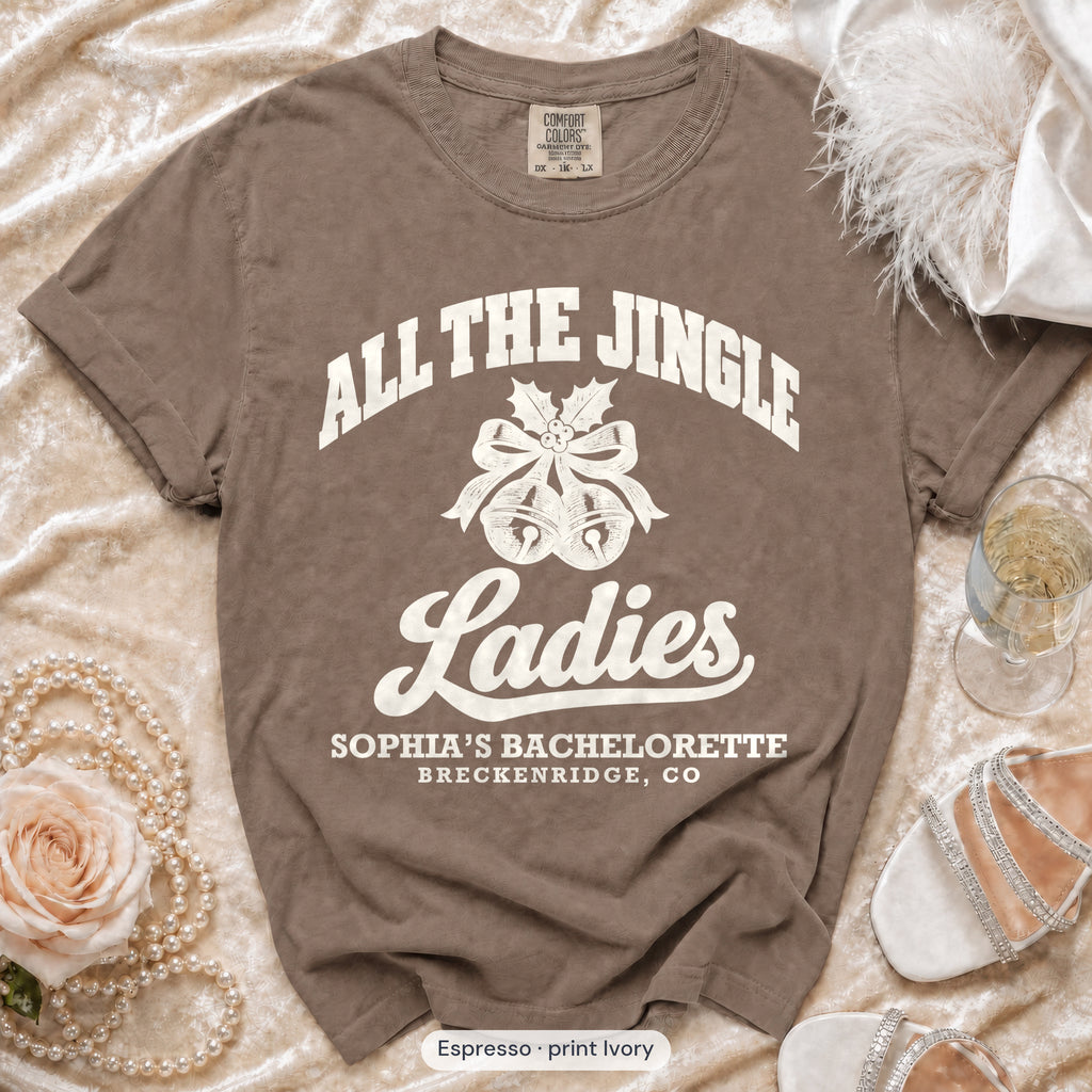 Espresso Jingle Bell Bride & All The Jingle Ladies bachelorette crew t-shirt