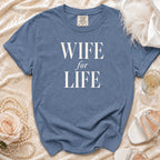 Blue t-shirt with "WIFE for LIFE" text, displayed with pearls, rose, and white heels.