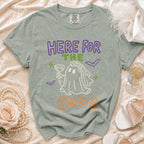 Green t-shirt with "HERE FOR THE BOOS" text and ghost bride graphic.