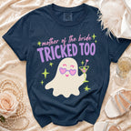 Navy t-shirt with "mother of the bride TRICKED TOO" text and a ghost graphic.
