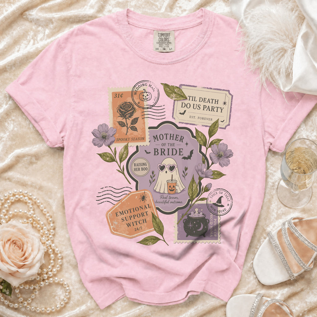 Pink t-shirt with "Mother of the Bride" and Halloween-themed graphics.