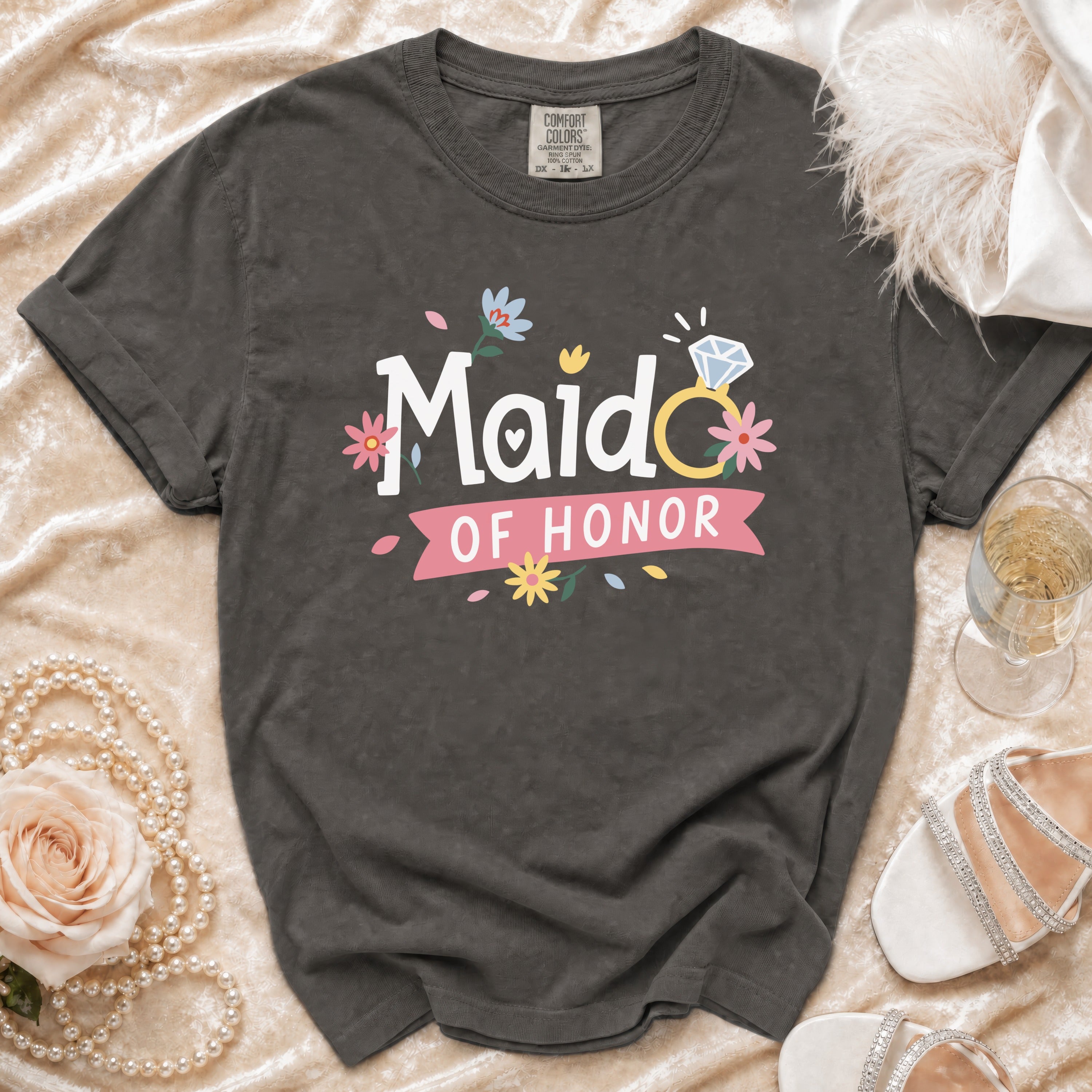 Dark grey t-shirt with "Maid of Honor" text and floral graphics.