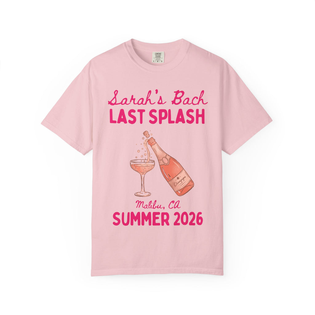 Pink t-shirt with "Sarah's Bach Last Splash" and champagne illustration.