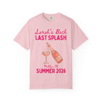 Pink t-shirt with "Sarah's Bach Last Splash" and champagne illustration.