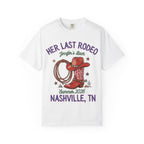 White t-shirt with "Her Last Rodeo" cowboy boot and rope design.