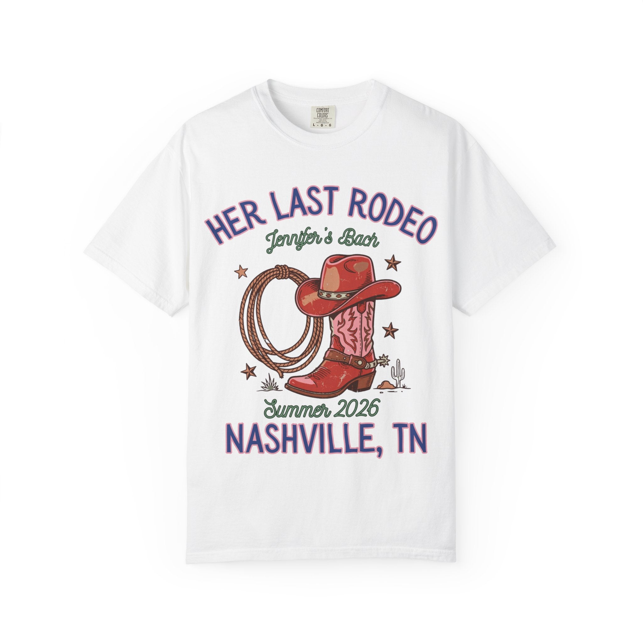 White t-shirt with "Her Last Rodeo" cowboy boot and rope design.