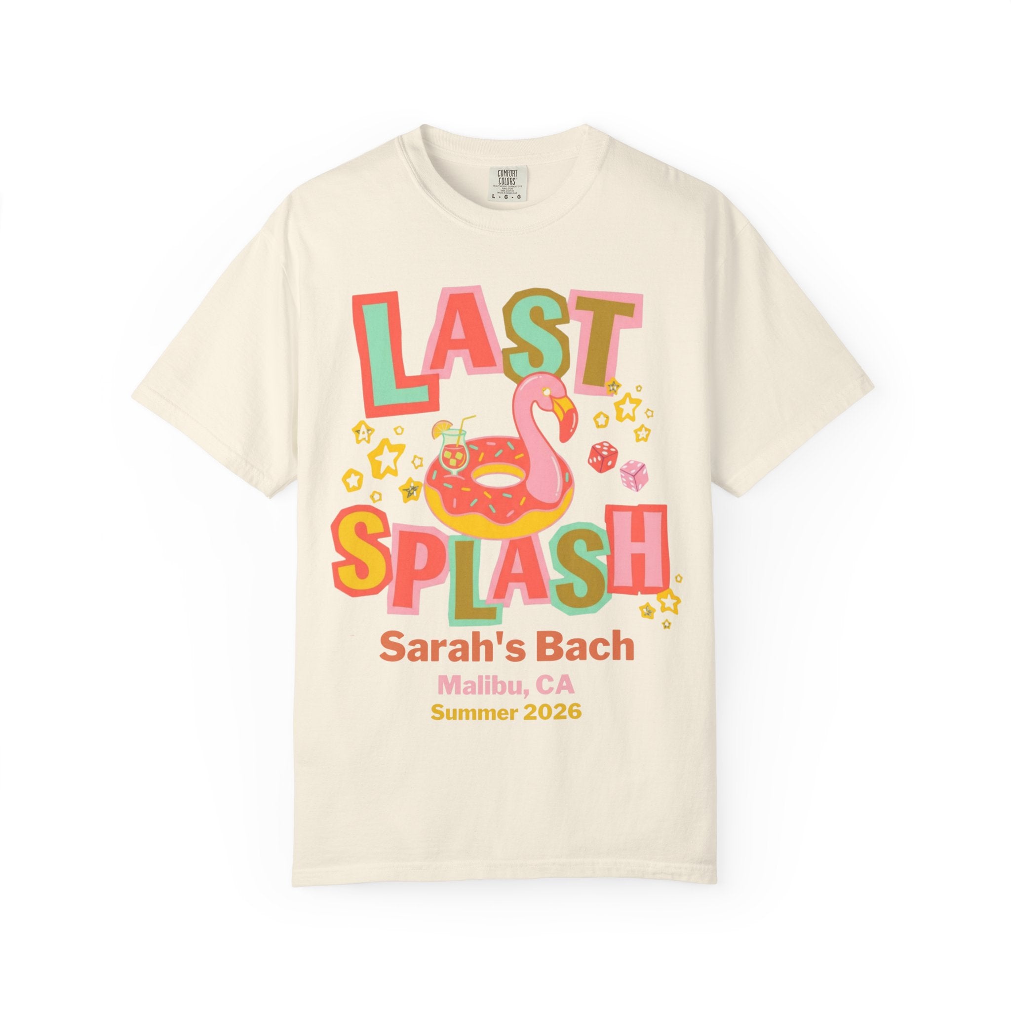 Cream t-shirt with "LAST SPLASH" text, flamingo, and donuts.