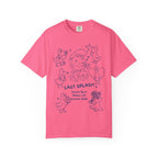 Pink t-shirt with "LAST SPLASH" text, ducks, hearts, champagne, and palm trees.