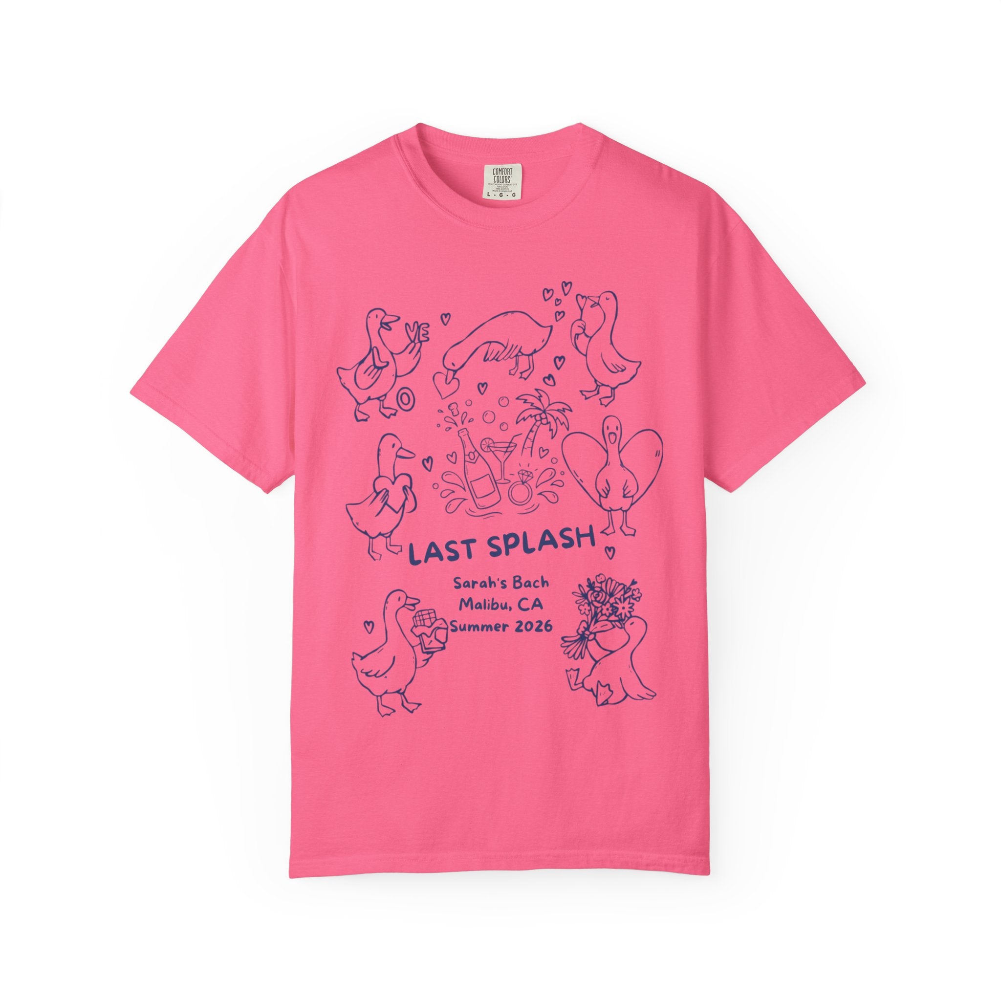 Pink t-shirt with "LAST SPLASH" text, ducks, hearts, champagne, and palm trees.