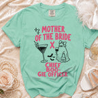 Mint t-shirt with "Mother of the Bride X Chief Boo-gie Officer" and spooky graphics.