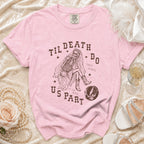 Pink t-shirt with skeleton bride graphic: "Til Death Do Us Part" and Grateful Dead steal.