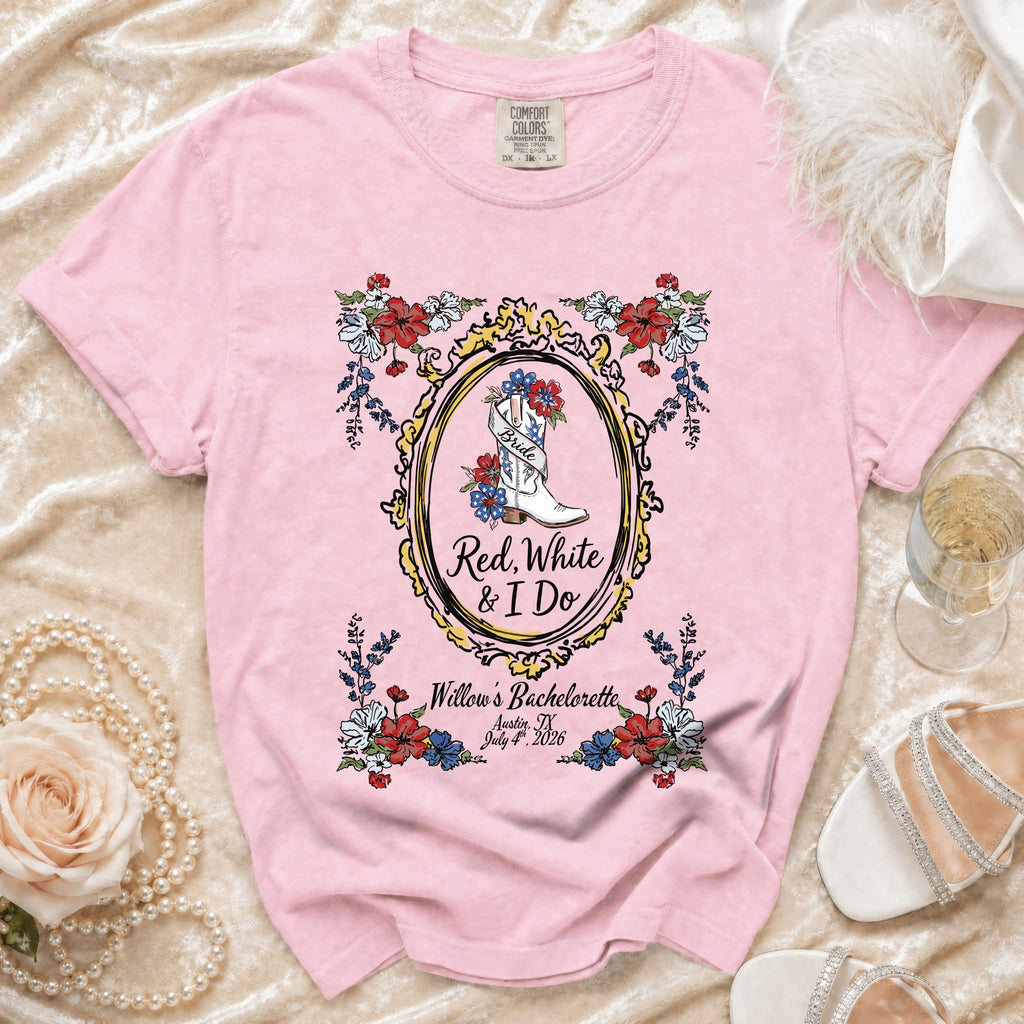 Pink t-shirt with "Bride Red, White & I Do" and bachelorette details.