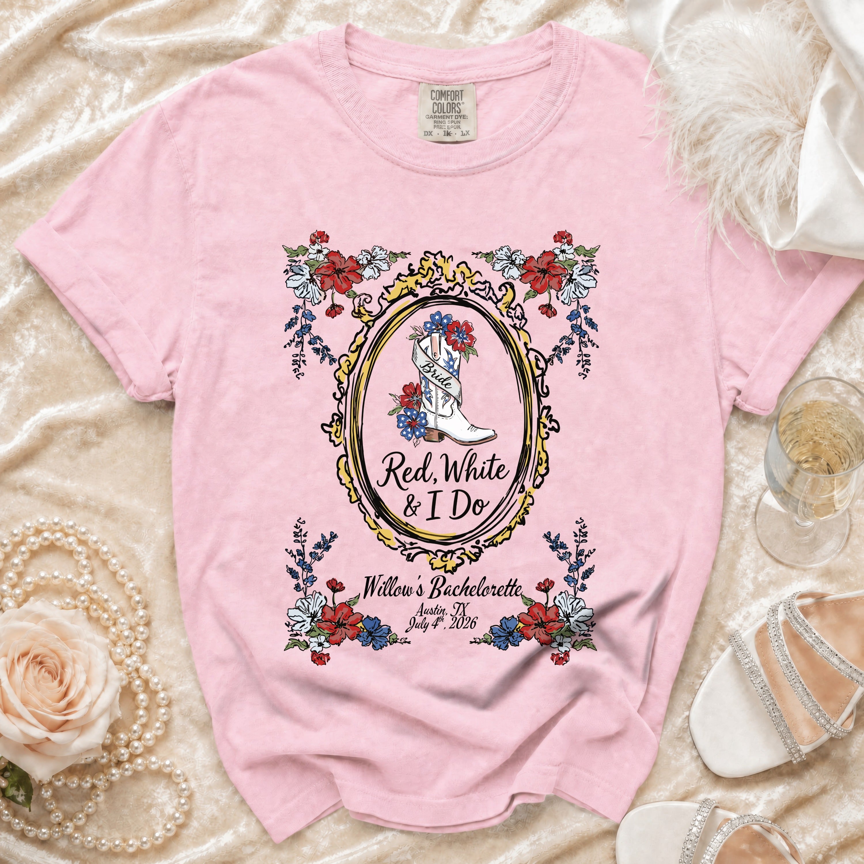 Pink t-shirt with "Bride Red, White & I Do" and bachelorette details.