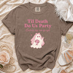 Brown t-shirt with "Til Death Do Us Party Bride by day, boo by night" and ghost graphic.