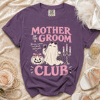 Purple t-shirt with "Mother of the Groom Club" text, ghost, and pumpkin graphic.