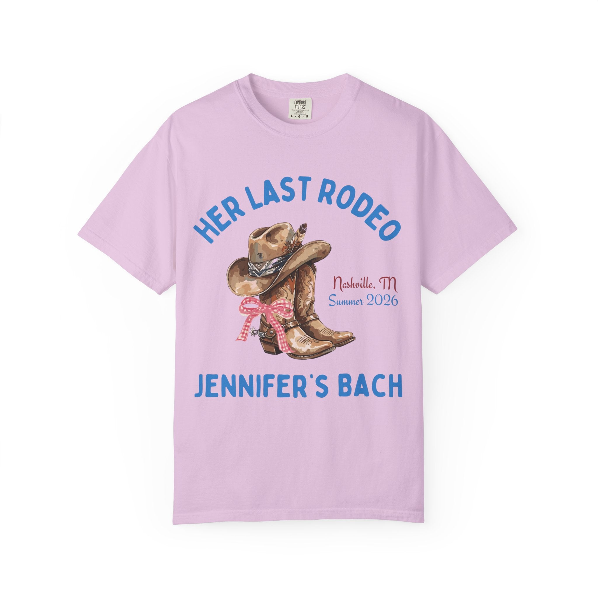 Pink t-shirt with "Her Last Rodeo" text, cowboy boots, and bow.
