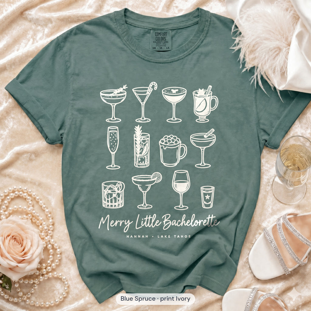 Blue Spruce Merry Little Bride & Merry Little bachelorette crew t-shirt