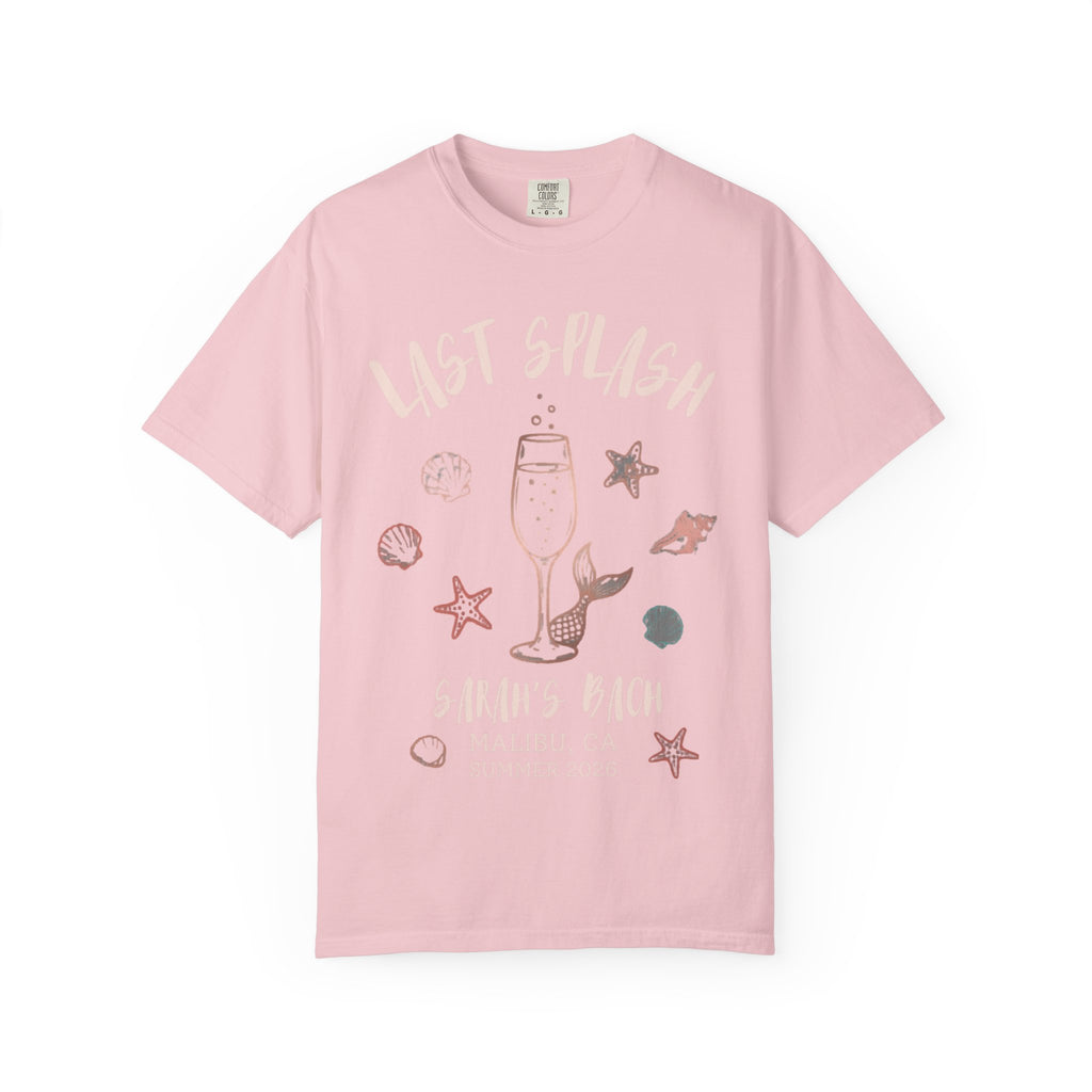 Pink t-shirt with "Last Splash Sarah's Bach Malibu CA Summer 2026" and seashell graphic.
