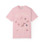 Pink t-shirt with "Last Splash Sarah's Bach Malibu CA Summer 2026" and seashell graphic.