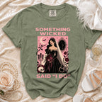 Green t-shirt with "Something Wicked Said 'I Do'" graphic of a gothic bride.