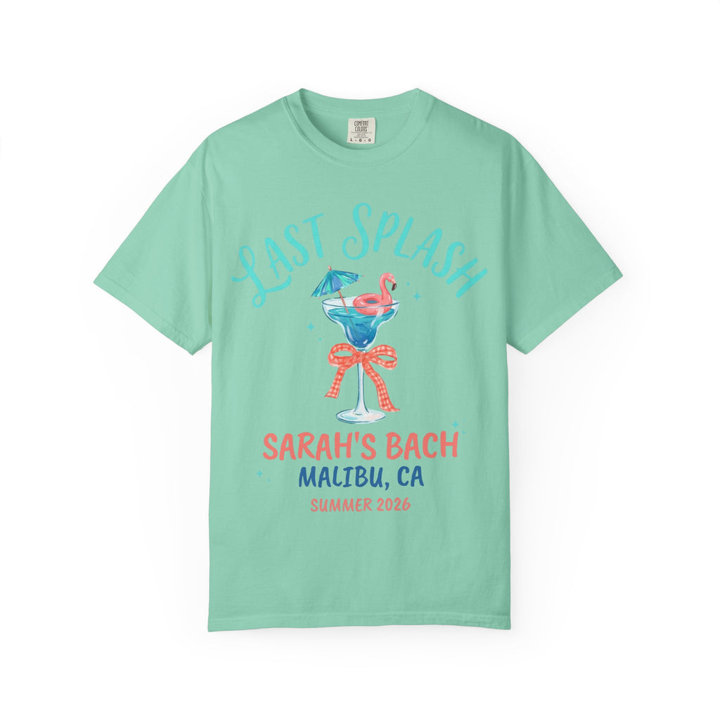 T-shirt with "Last Splash" text, margarita, flamingo, and bachelorette details.